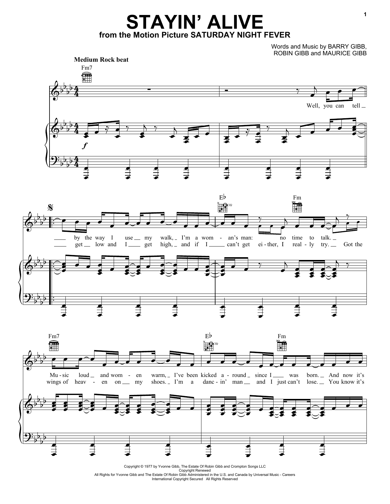 Preview Bee Gees Stayin' Alive Pop sheet music, notes and chords for Easy Guitar Tab, SKU: 21888 Download Bee Gees Stayin' Alive sheet music and printable PDF score & Pop music notes