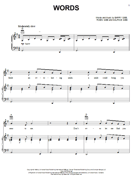 Preview Bee Gees Words Pop sheet music, notes and chords for Alto Saxophone, SKU: 108116 sheet music, piano notes, chords, guitar tabs, score, transpose, transcribe, how to play, guide, download, learn, tutorial, progression, song, artist, awards, billboard, mtv, vh1, tour, single, album, release