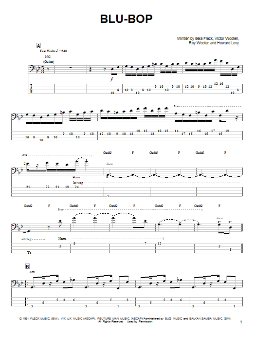 Preview Bela Fleck & The Flecktones Blu-Bop Jazz sheet music, notes and chords for Bass Guitar Tab, SKU: 24137 sheet music, piano notes, chords, guitar tabs, score, transpose, transcribe, how to play, guide, download, learn, tutorial, progression, song, artist, awards, billboard, mtv, vh1, tour, single, album, release