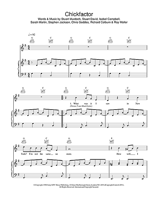 Preview Belle & Sebastian Chickfactor Pop sheet music, notes and chords for Piano, Vocal & Guitar, SKU: 17202 sheet music, piano notes, chords, guitar tabs, score, transpose, transcribe, how to play, guide, download, learn, tutorial, progression, song, artist, awards, billboard, mtv, vh1, tour, single, album, release