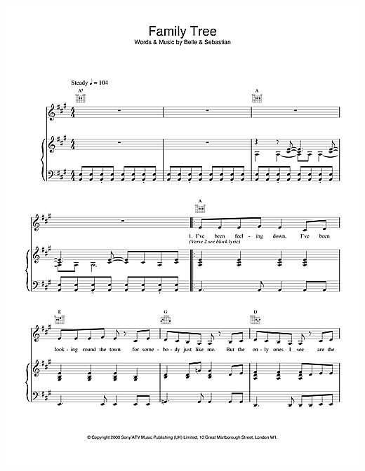 Preview Belle & Sebastian Family Tree Pop sheet music, notes and chords for Piano, Vocal & Guitar, SKU: 17201 sheet music, piano notes, chords, guitar tabs, score, transpose, transcribe, how to play, guide, download, learn, tutorial, progression, song, artist, awards, billboard, mtv, vh1, tour, single, album, release