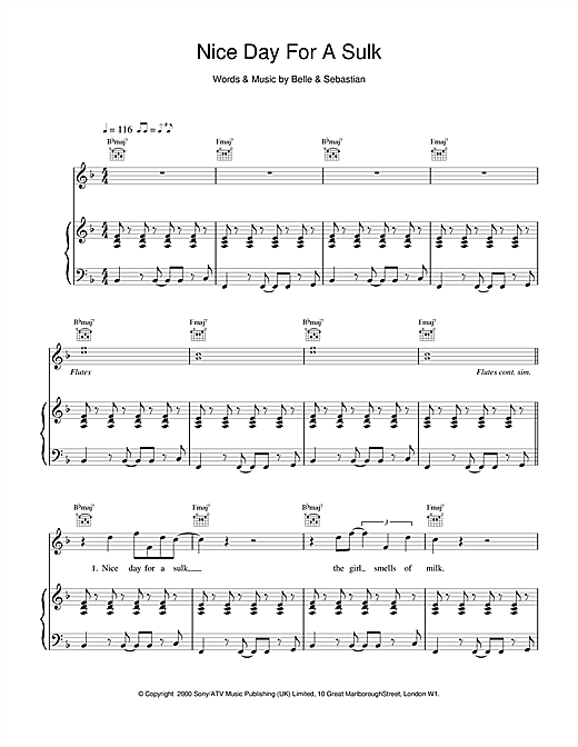 Preview Belle & Sebastian Nice Day For A Sulk Pop sheet music, notes and chords for Piano, Vocal & Guitar, SKU: 17205 sheet music, piano notes, chords, guitar tabs, score, transpose, transcribe, how to play, guide, download, learn, tutorial, progression, song, artist, awards, billboard, mtv, vh1, tour, single, album, release