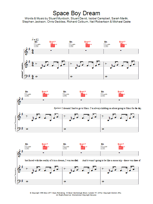 Preview Belle & Sebastian Space Boy Dream Pop sheet music, notes and chords for Piano, Vocal & Guitar, SKU: 17153 Download Belle & Sebastian Space Boy Dream sheet music and printable PDF score & Pop music notes
