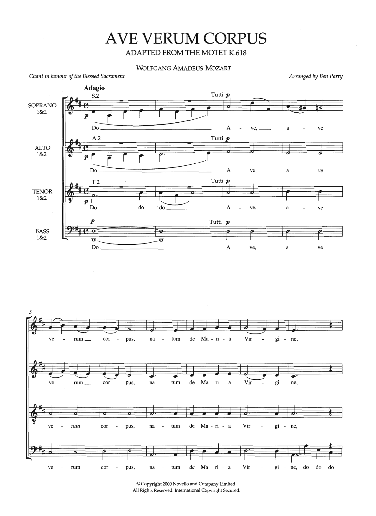 Ben Parry Ave Verum Corpus, K618 (arr. Ben Parry) Sheet Music & Chords for Piano, Vocal & Guitar - Download or Print PDF