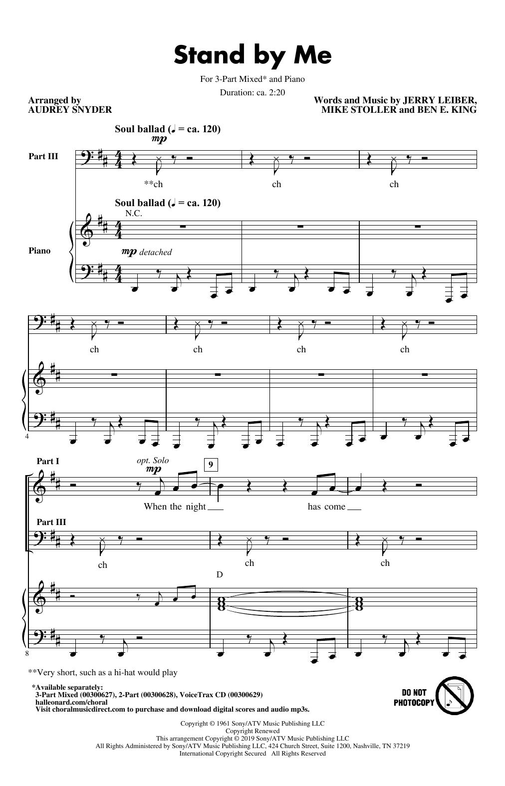 Preview Ben E. King Stand By Me (arr. Audrey Snyder) Pop sheet music, notes and chords for 3-Part Mixed Choir, SKU: 428506 sheet music, piano notes, chords, guitar tabs, score, transpose, transcribe, how to play, guide, download, learn, tutorial, progression, song, artist, awards, billboard, mtv, vh1, tour, single, album, release