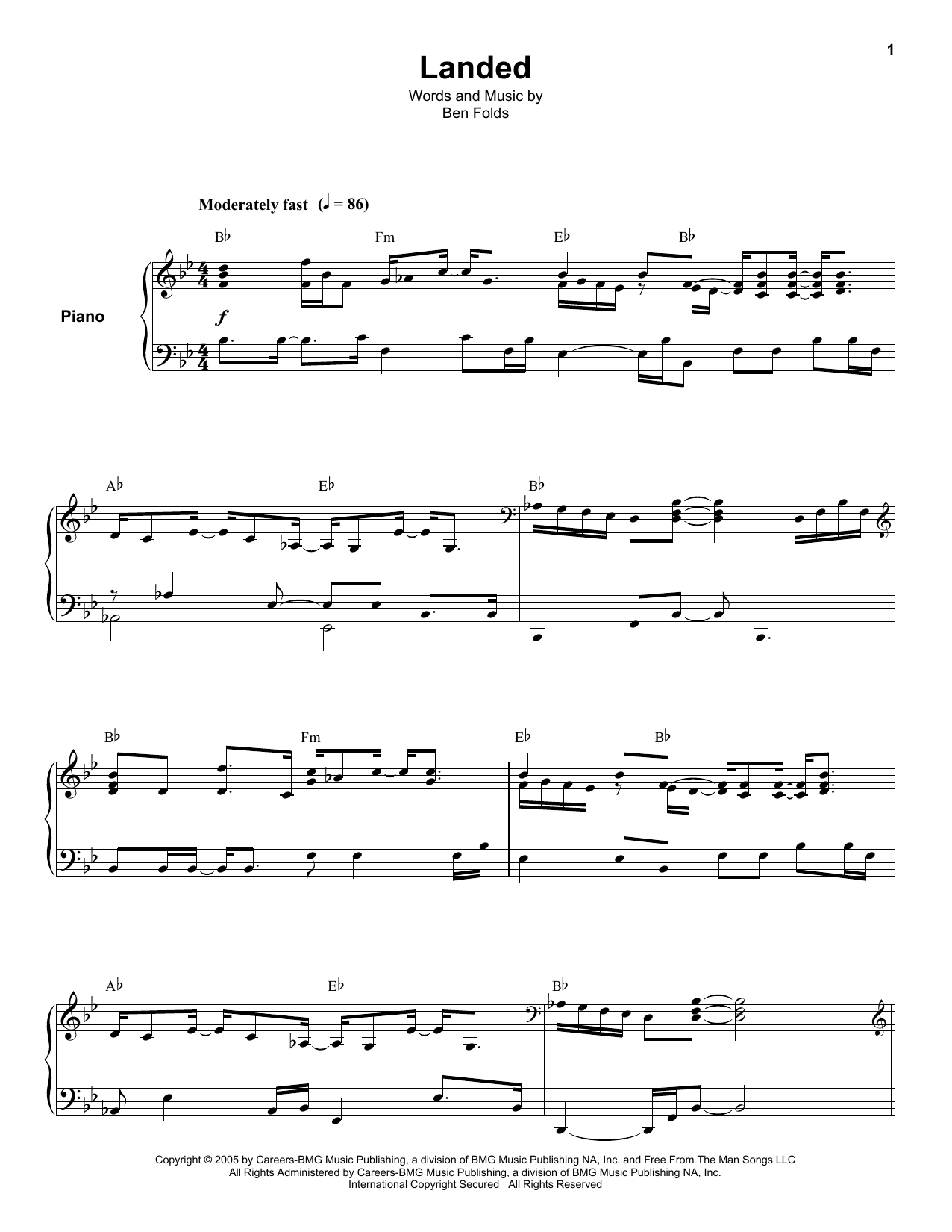 Preview Ben Folds Landed Pop sheet music, notes and chords for Piano, Vocal & Guitar, SKU: 32152 Download Ben Folds Landed sheet music and printable PDF score & Pop music notes