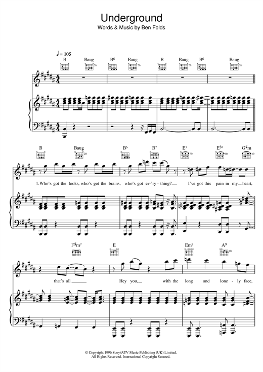 Preview Ben Folds Five Underground Pop sheet music, notes and chords for Lyrics & Chords, SKU: 108583 sheet music, piano notes, chords, guitar tabs, score, transpose, transcribe, how to play, guide, download, learn, tutorial, progression, song, artist, awards, billboard, mtv, vh1, tour, single, album, release