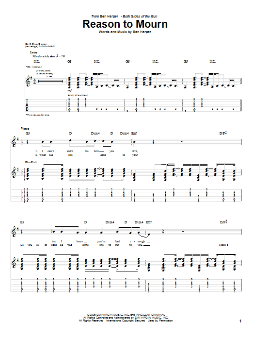 Preview Ben Harper Reason To Mourn Rock sheet music, notes and chords for Guitar Tab, SKU: 54834 Download Ben Harper Reason To Mourn sheet music and printable PDF score & Rock music notes