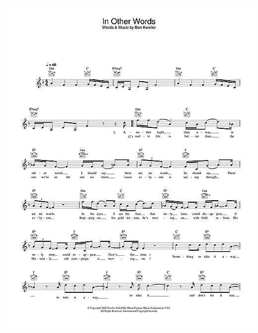 Preview Ben Kweller In Other Words Pop sheet music, notes and chords for Piano, Vocal & Guitar, SKU: 25064 Download Ben Kweller In Other Words sheet music and printable PDF score & Pop music notes