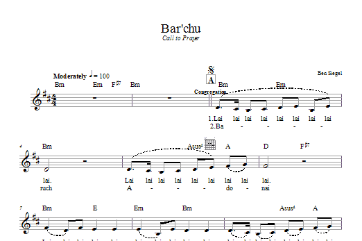 Preview Ben Siegel Bar'chu Religious sheet music, notes and chords for Melody Line, Lyrics & Chords, SKU: 66519 Download Ben Siegel Bar'chu sheet music and printable PDF score & Religious music notes