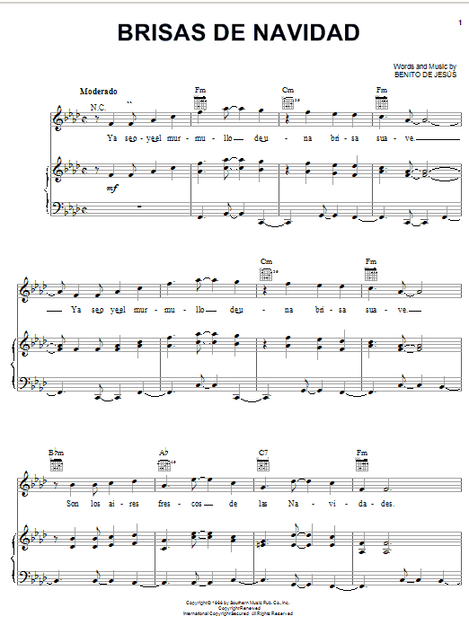 Preview Benito De Jesus Brisas De Navidad World sheet music, notes and chords for Piano, Vocal & Guitar (Right-Hand Melody), SKU: 21350 Download Benito De Jesus Brisas De Navidad sheet music and printable PDF score & World music notes