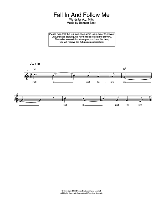 Preview Bennett Scott Fall In And Follow Me Traditional sheet music, notes and chords for Melody Line, Lyrics & Chords, SKU: 107965 sheet music, piano notes, chords, guitar tabs, score, transpose, transcribe, how to play, guide, download, learn, tutorial, progression, song, artist, awards, billboard, mtv, vh1, tour, single, album, release