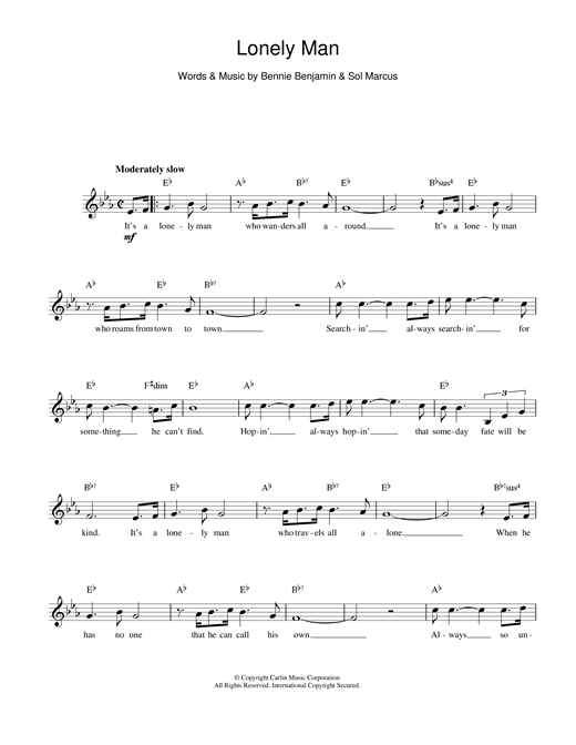 Preview Bennie Benjamin and Sol Marcus Lonely Man Pop sheet music, notes and chords for Melody Line, Lyrics & Chords, SKU: 14098 sheet music, piano notes, chords, guitar tabs, score, transpose, transcribe, how to play, guide, download, learn, tutorial, progression, song, artist, awards, billboard, mtv, vh1, tour, single, album, release