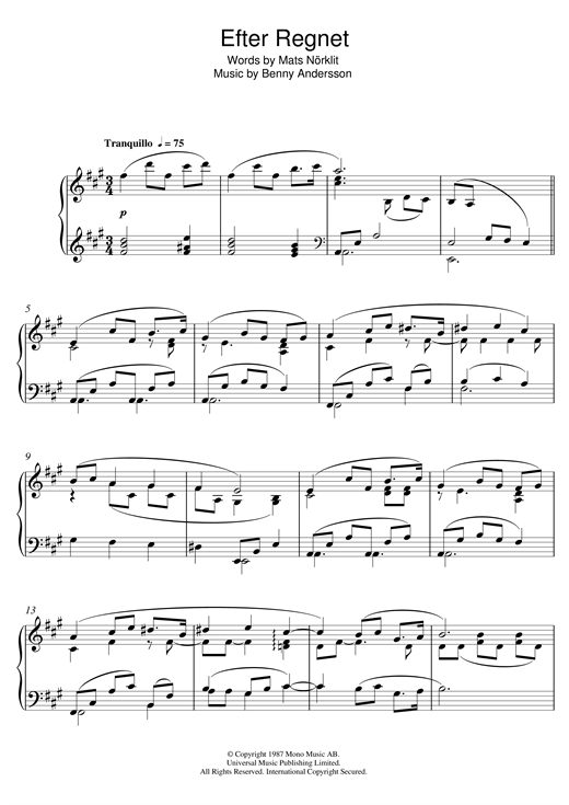 Preview Benny Andersson Efter Regnet Pop sheet music, notes and chords for Piano, SKU: 125283 sheet music, piano notes, chords, guitar tabs, score, transpose, transcribe, how to play, guide, download, learn, tutorial, progression, song, artist, awards, billboard, mtv, vh1, tour, single, album, release