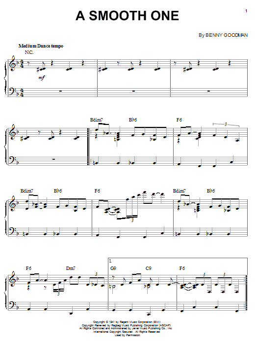 Preview Benny Goodman A Smooth One Jazz sheet music, notes and chords for Piano, SKU: 22610 sheet music, piano notes, chords, guitar tabs, score, transpose, transcribe, how to play, guide, download, learn, tutorial, progression, song, artist, awards, billboard, mtv, vh1, tour, single, album, release