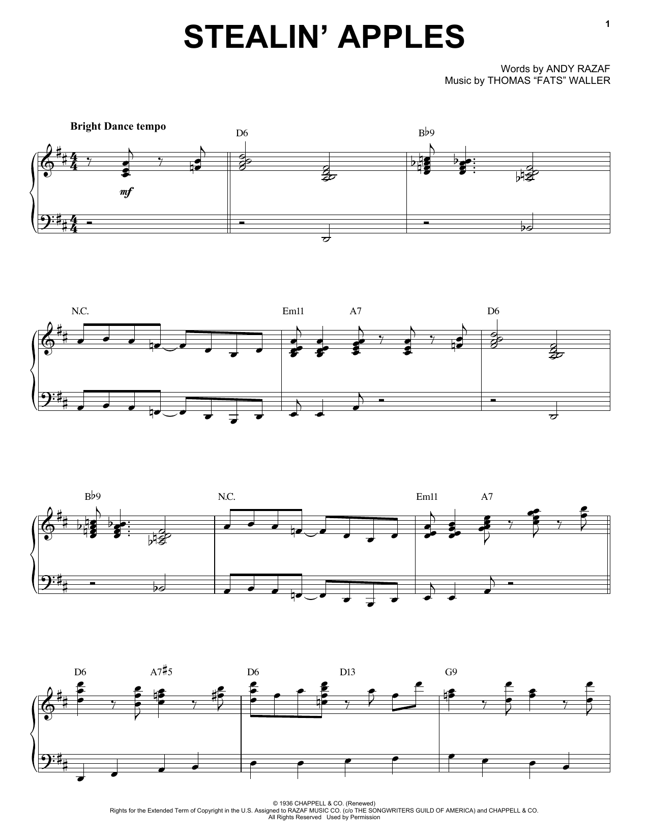 Preview Benny Goodman Stealin' Apples Jazz sheet music, notes and chords for Piano, SKU: 22617 Download Benny Goodman Stealin' Apples sheet music and printable PDF score & Jazz music notes