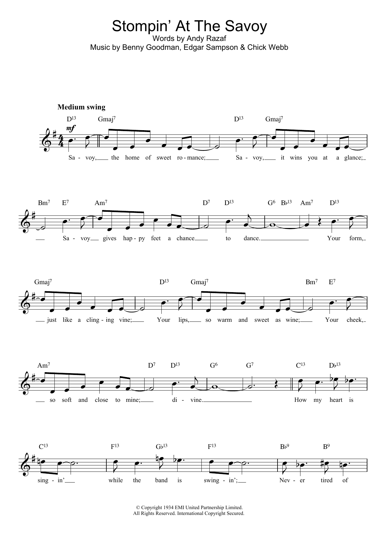 Download Benny Goodman Stompin At The Savoy sheet music and printable PDF score & Jazz music notes