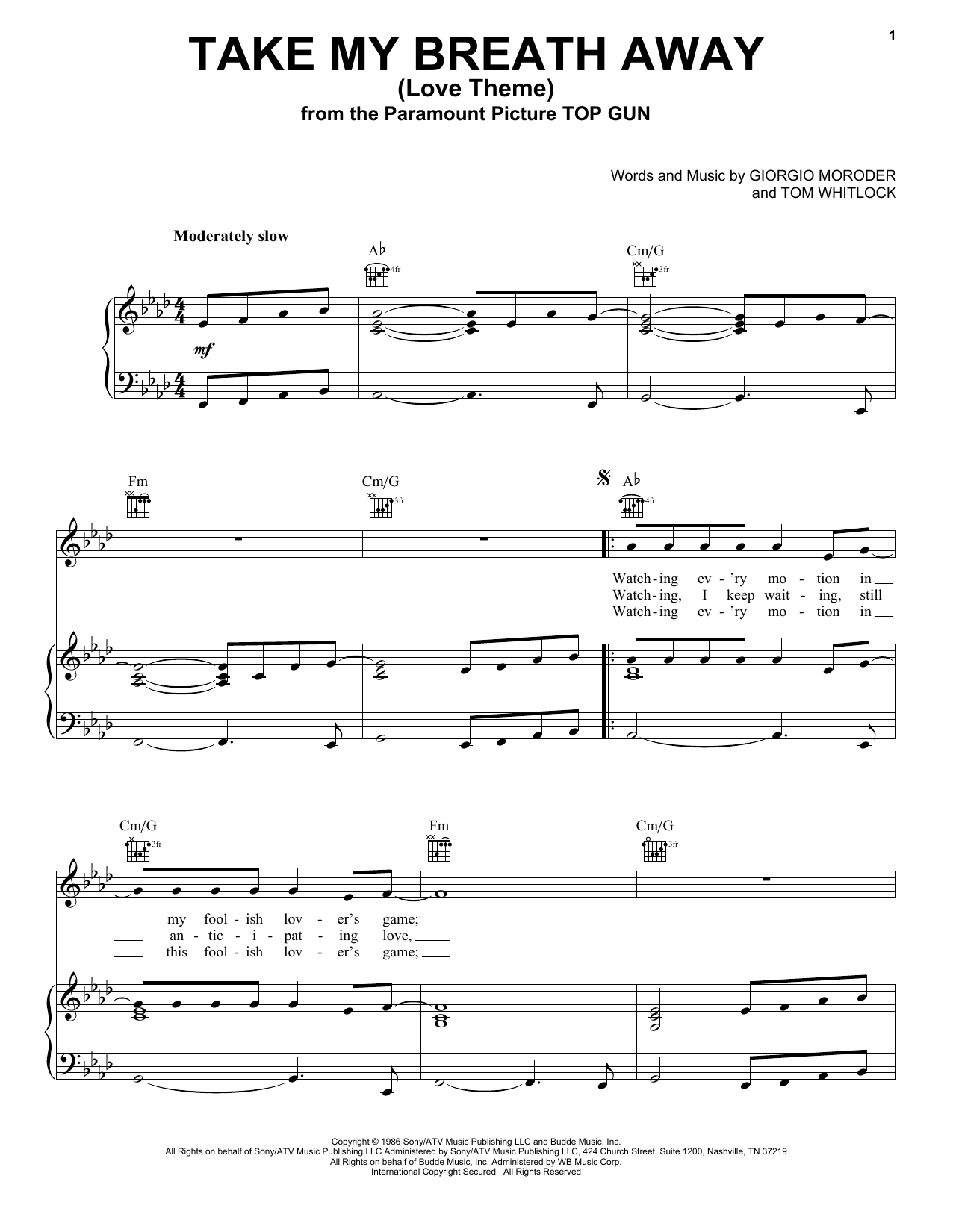 Download Berlin Take My Breath Away (Love Theme) sheet music and printable PDF score & Pop music notes