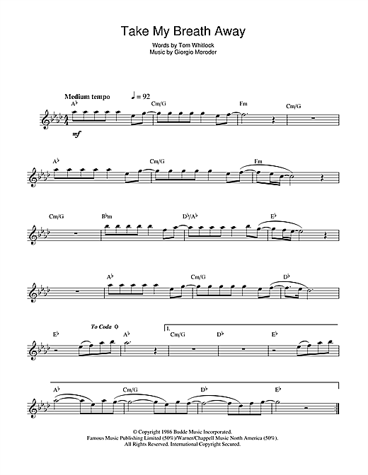 Preview Berlin Take My Breath Away Rock sheet music, notes and chords for Saxophone, SKU: 44089 sheet music, piano notes, chords, guitar tabs, score, transpose, transcribe, how to play, guide, download, learn, tutorial, progression, song, artist, awards, billboard, mtv, vh1, tour, single, album, release
