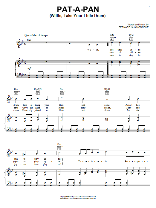 Preview Bernard de la Monnoye Pat-A-Pan (Willie, Take Your Little Drum) Children sheet music, notes and chords for Piano, SKU: 52018 sheet music, piano notes, chords, guitar tabs, score, transpose, transcribe, how to play, guide, download, learn, tutorial, progression, song, artist, awards, billboard, mtv, vh1, tour, single, album, release