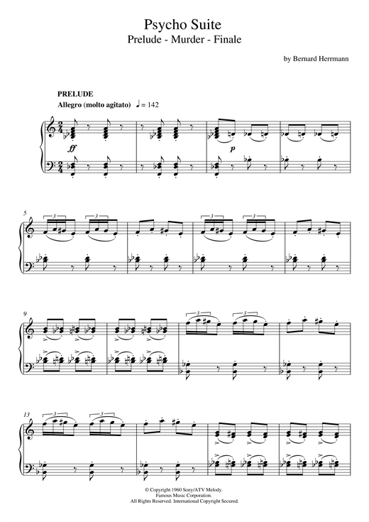 Preview Bernard Herrmann The Murder From Psycho Film and TV sheet music, notes and chords for Piano, SKU: 118617 sheet music, piano notes, chords, guitar tabs, score, transpose, transcribe, how to play, guide, download, learn, tutorial, progression, song, artist, awards, billboard, mtv, vh1, tour, single, album, release