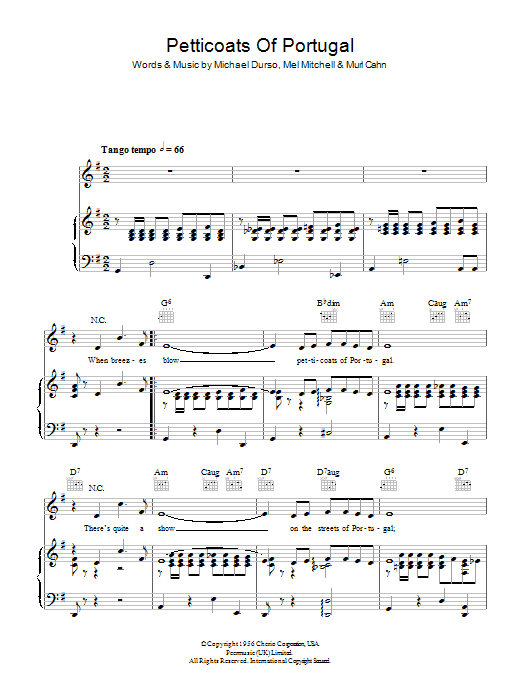 Preview Bert Kaempfert Petticoats Of Portugal (Rapariga Do Portugal) Easy Listening sheet music, notes and chords for Piano, Vocal & Guitar (Right-Hand Melody), SKU: 47955 Download Bert Kaempfert Petticoats Of Portugal (Rapariga Do Portugal) sheet music and printable PDF score & Easy Listening music notes