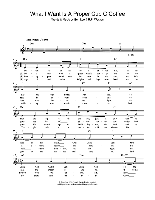 Preview Bert Lee What I Want Is A Proper Cup O'Coffee Easy Listening sheet music, notes and chords for Melody Line, Lyrics & Chords, SKU: 108274 sheet music, piano notes, chords, guitar tabs, score, transpose, transcribe, how to play, guide, download, learn, tutorial, progression, song, artist, awards, billboard, mtv, vh1, tour, single, album, release