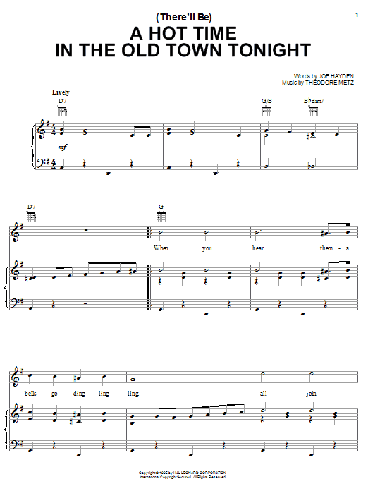 Preview Bessie Smith (There'll Be) A Hot Time In The Old Town Tonight Jazz sheet music, notes and chords for Piano, Vocal & Guitar (Right-Hand Melody), SKU: 16595 sheet music, piano notes, chords, guitar tabs, score, transpose, transcribe, how to play, guide, download, learn, tutorial, progression, song, artist, awards, billboard, mtv, vh1, tour, single, album, release