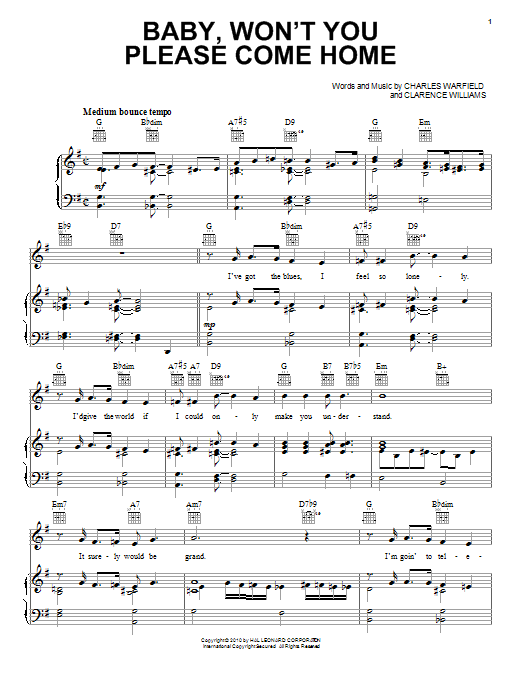 Download Bessie Smith Baby, Won't You Please Come Home sheet music and printable PDF score & Standards music notes