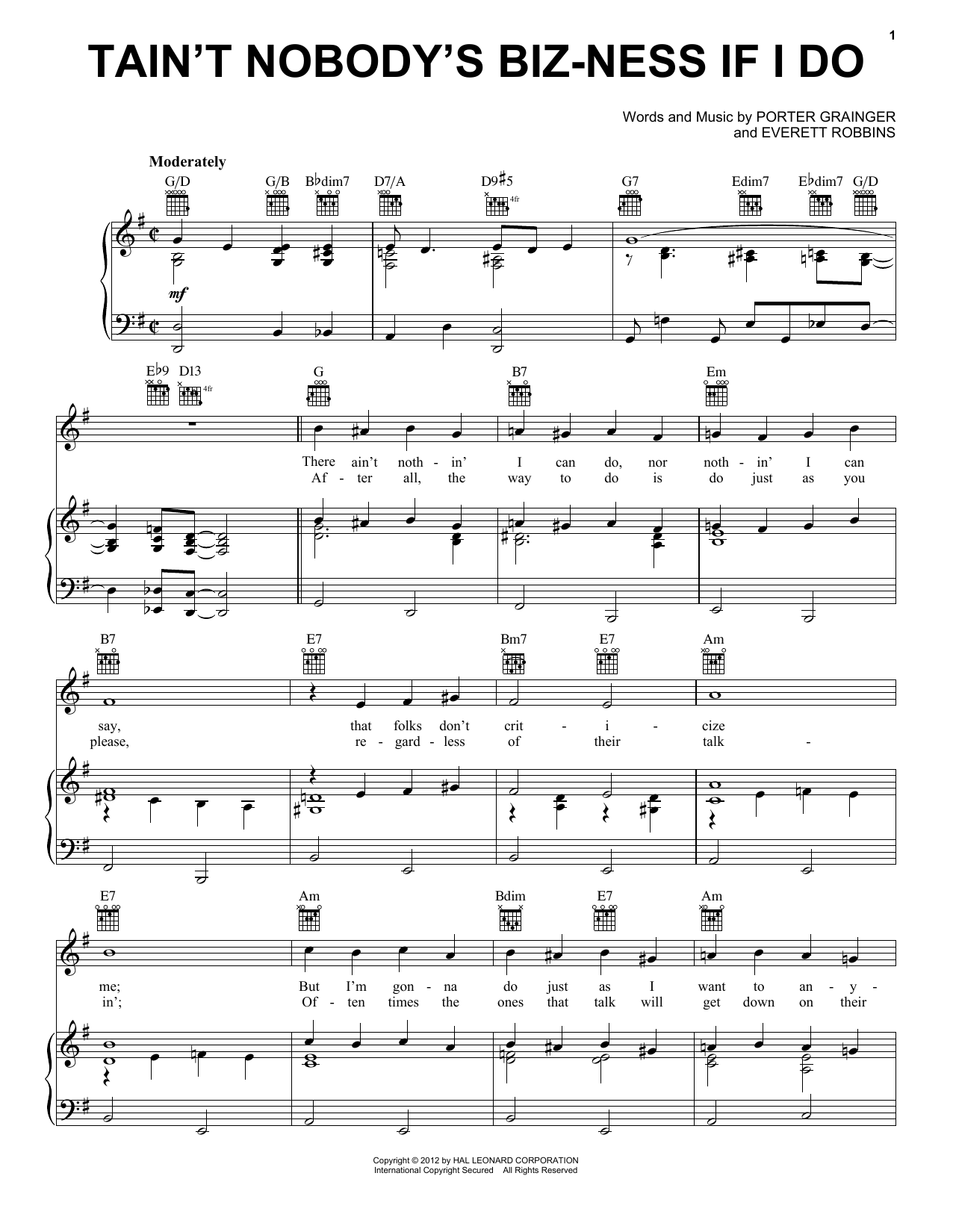 Download Bessie Smith Tain't Nobody's Biz-ness If I Do sheet music and printable PDF score & Blues music notes