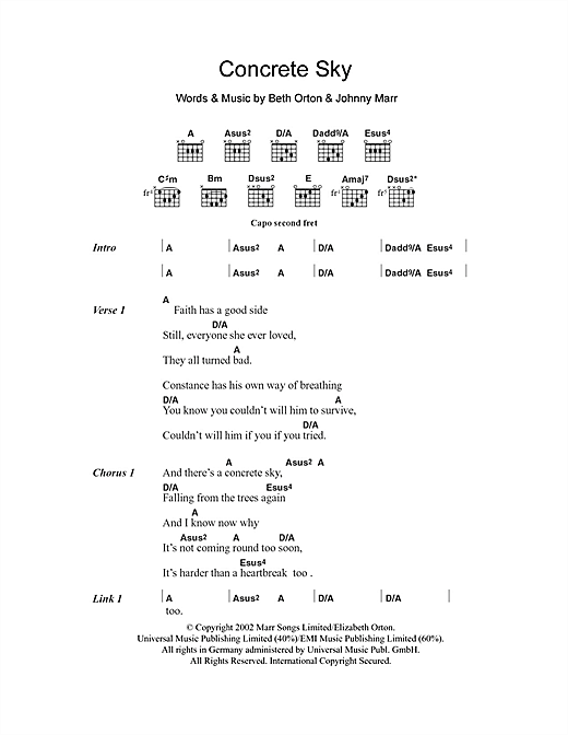 Preview Beth Orton Concrete Sky Pop sheet music, notes and chords for Lyrics & Chords, SKU: 101387 sheet music, piano notes, chords, guitar tabs, score, transpose, transcribe, how to play, guide, download, learn, tutorial, progression, song, artist, awards, billboard, mtv, vh1, tour, single, album, release