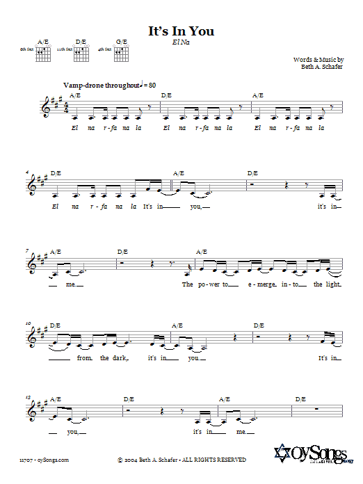 Preview Beth Schafer It's In You (El Na) Religious sheet music, notes and chords for Melody Line, Lyrics & Chords, SKU: 66139 Download Beth Schafer It's In You (El Na) sheet music and printable PDF score & Religious music notes