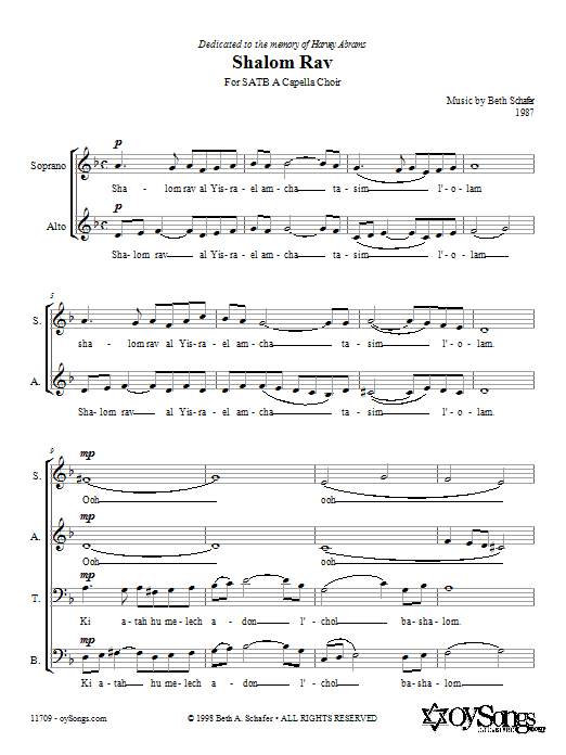 Preview Beth Schafer Shalom Rav Post-1900 sheet music, notes and chords for SATB, SKU: 66114 Download Beth Schafer Shalom Rav sheet music and printable PDF score & Post-1900 music notes