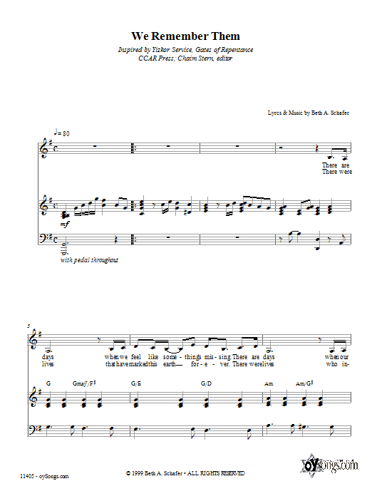Preview Beth Schafer We Remember Them Post-1900 sheet music, notes and chords for Piano, Vocal & Guitar (Right-Hand Melody), SKU: 66446 sheet music, piano notes, chords, guitar tabs, score, transpose, transcribe, how to play, guide, download, learn, tutorial, progression, song, artist, awards, billboard, mtv, vh1, tour, single, album, release
