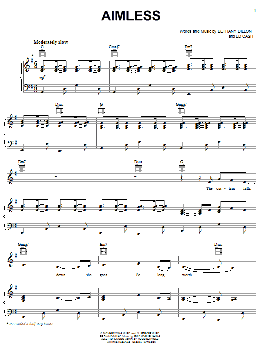 Preview Bethany Dillon Aimless Religious sheet music, notes and chords for Piano, Vocal & Guitar (Right-Hand Melody), SKU: 28838 Download Bethany Dillon Aimless sheet music and printable PDF score & Religious music notes