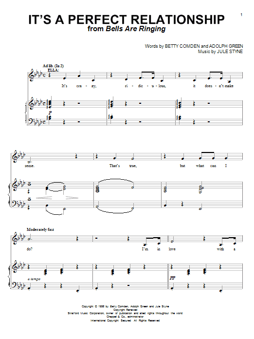 Preview Betty Comden It's A Perfect Relationship Broadway sheet music, notes and chords for Piano, Vocal & Guitar (Right-Hand Melody), SKU: 76106 Download Betty Comden It's A Perfect Relationship sheet music and printable PDF score & Broadway music notes