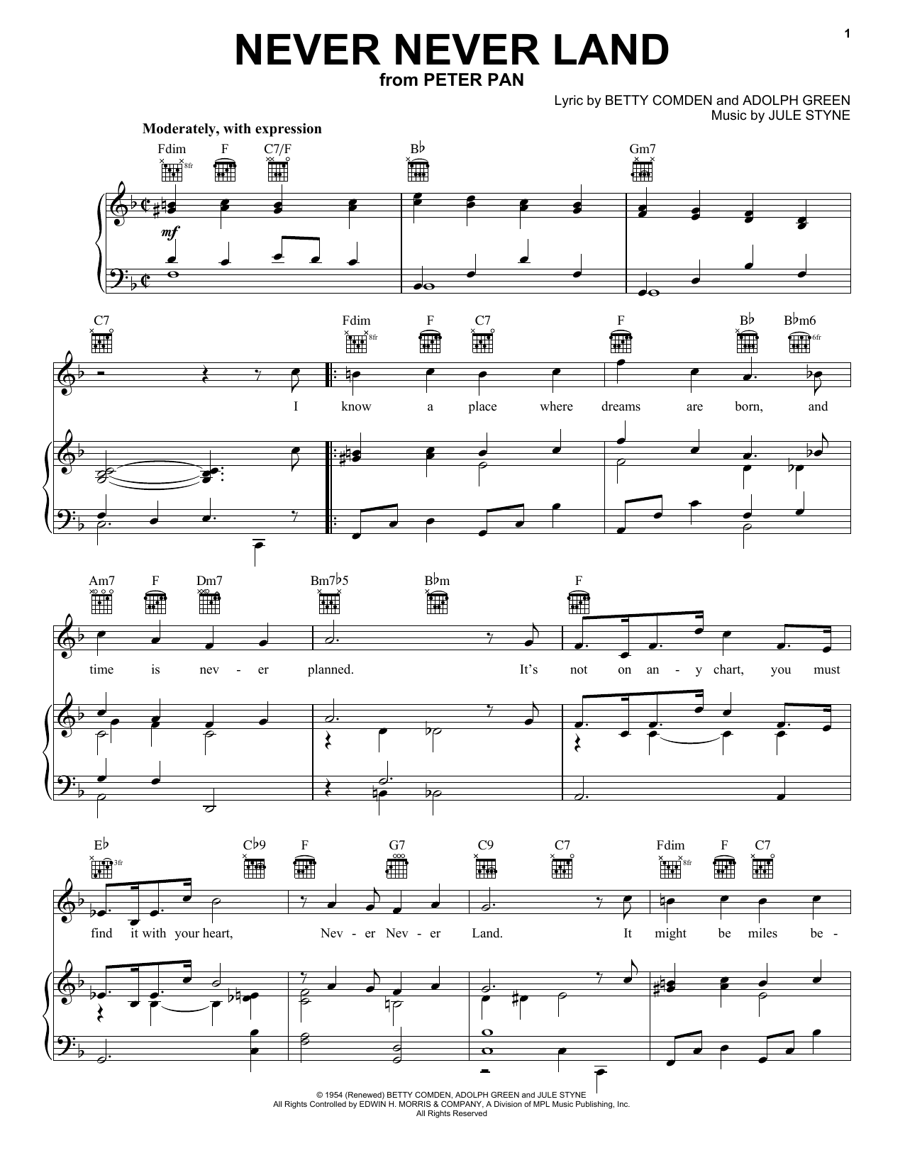 Preview Betty Comden Never Never Land Broadway sheet music, notes and chords for Easy Piano, SKU: 76122 Download Betty Comden Never Never Land sheet music and printable PDF score & Broadway music notes