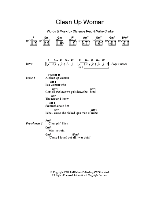 Preview Betty Wright Clean Up Woman Soul sheet music, notes and chords for Lyrics & Chords, SKU: 101324 sheet music, piano notes, chords, guitar tabs, score, transpose, transcribe, how to play, guide, download, learn, tutorial, progression, song, artist, awards, billboard, mtv, vh1, tour, single, album, release