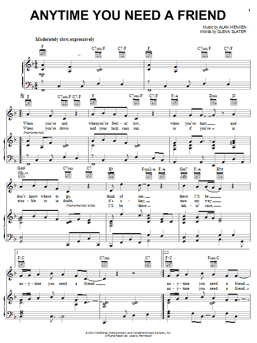 Preview The Beu Sisters Anytime You Need A Friend Film and TV sheet music, notes and chords for Piano, Vocal & Guitar (Right-Hand Melody), SKU: 28146 Download The Beu Sisters Anytime You Need A Friend sheet music and printable PDF score & Film and TV music notes