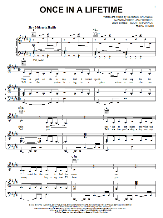 Preview Beyoncé Once In A Lifetime Pop sheet music, notes and chords for Piano, Vocal & Guitar (Right-Hand Melody), SKU: 69910 Download Beyoncé Once In A Lifetime sheet music and printable PDF score & Pop music notes