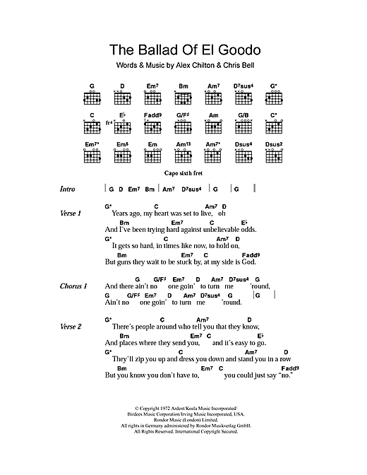 Preview Big Star The Ballad Of El Goodo Pop sheet music, notes and chords for Lyrics & Chords, SKU: 101186 sheet music, piano notes, chords, guitar tabs, score, transpose, transcribe, how to play, guide, download, learn, tutorial, progression, song, artist, awards, billboard, mtv, vh1, tour, single, album, release