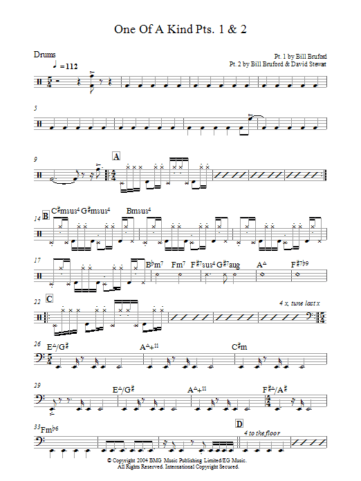 Download Bill Bruford One Of A Kind Pts. 1 & 2 sheet music and printable PDF score & Rock music notes