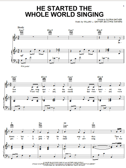 Preview Bill & Gloria Gaither He Started The Whole World Singing Religious sheet music, notes and chords for Piano, Vocal & Guitar (Right-Hand Melody), SKU: 51733 Download Bill & Gloria Gaither He Started The Whole World Singing sheet music and printable PDF score & Religious music notes