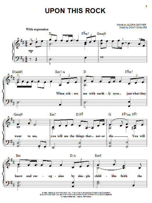 Preview Bill & Gloria Gaither Upon This Rock Pop sheet music, notes and chords for Piano, Vocal & Guitar (Right-Hand Melody), SKU: 51734 Download Bill & Gloria Gaither Upon This Rock sheet music and printable PDF score & Pop music notes