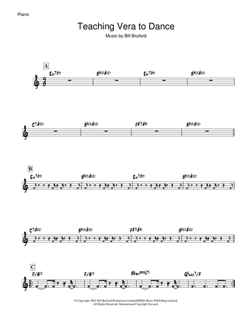 Preview Bill Bruford Teaching Vera To Dance Rock sheet music, notes and chords for Double Bass, SKU: 19051 sheet music, piano notes, chords, guitar tabs, score, transpose, transcribe, how to play, guide, download, learn, tutorial, progression, song, artist, awards, billboard, mtv, vh1, tour, single, album, release