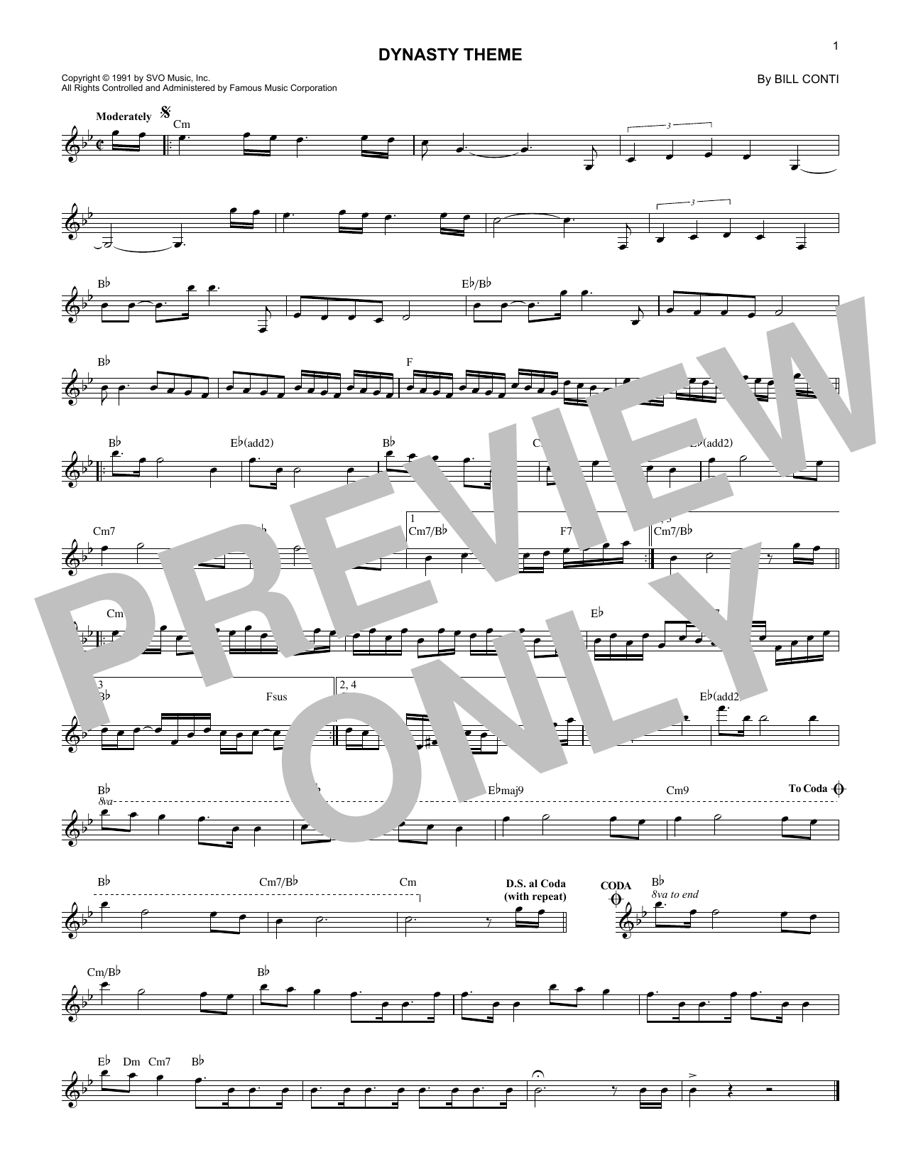 Preview Bill Conti Dynasty (Theme) Film and TV sheet music, notes and chords for Piano, SKU: 107387 Download Bill Conti Dynasty (Theme) sheet music and printable PDF score & Film and TV music notes