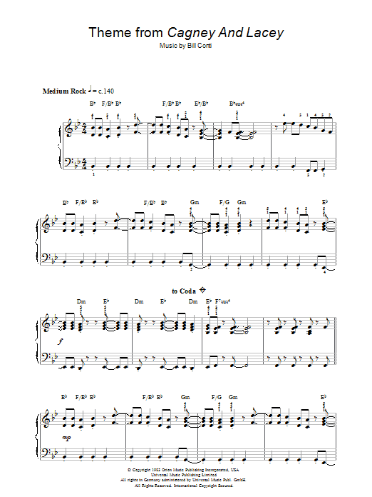 Preview Bill Conti Theme from Cagney And Lacey Film and TV sheet music, notes and chords for Piano, SKU: 32314 Download Bill Conti Theme from Cagney And Lacey sheet music and printable PDF score & Film and TV music notes