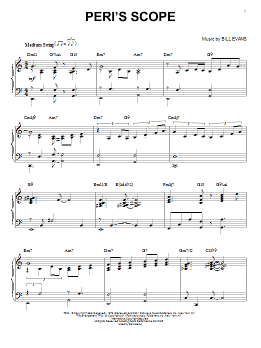Preview Bill Evans Peri's Scope (arr. Brent Edstrom) Jazz sheet music, notes and chords for Piano, SKU: 73183 sheet music, piano notes, chords, guitar tabs, score, transpose, transcribe, how to play, guide, download, learn, tutorial, progression, song, artist, awards, billboard, mtv, vh1, tour, single, album, release