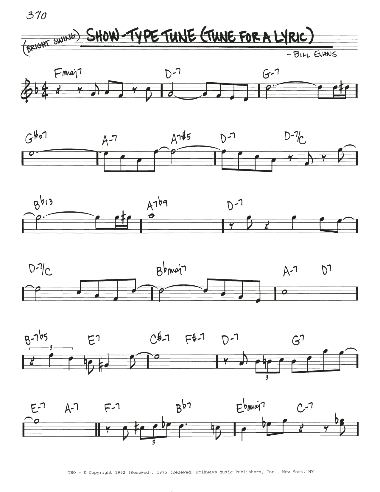 Download Bill Evans Show-Type Tune (Tune For A Lyric) sheet music and printable PDF score & Jazz music notes
