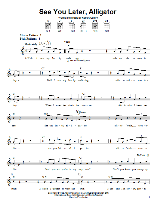 Preview Bill Haley & His Comets See You Later, Alligator Pop sheet music, notes and chords for Piano, Vocal & Guitar (Right-Hand Melody), SKU: 59018 sheet music, piano notes, chords, guitar tabs, score, transpose, transcribe, how to play, guide, download, learn, tutorial, progression, song, artist, awards, billboard, mtv, vh1, tour, single, album, release
